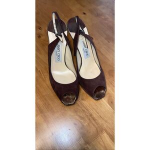 Jimmy‎ Choo Suede Open Toe Pumps Slingback Heels Brown 37.5-7